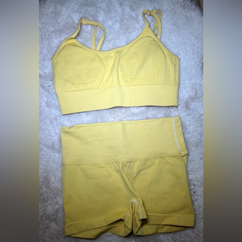 Yellow Ribbed Sports Bra and Shorts Set